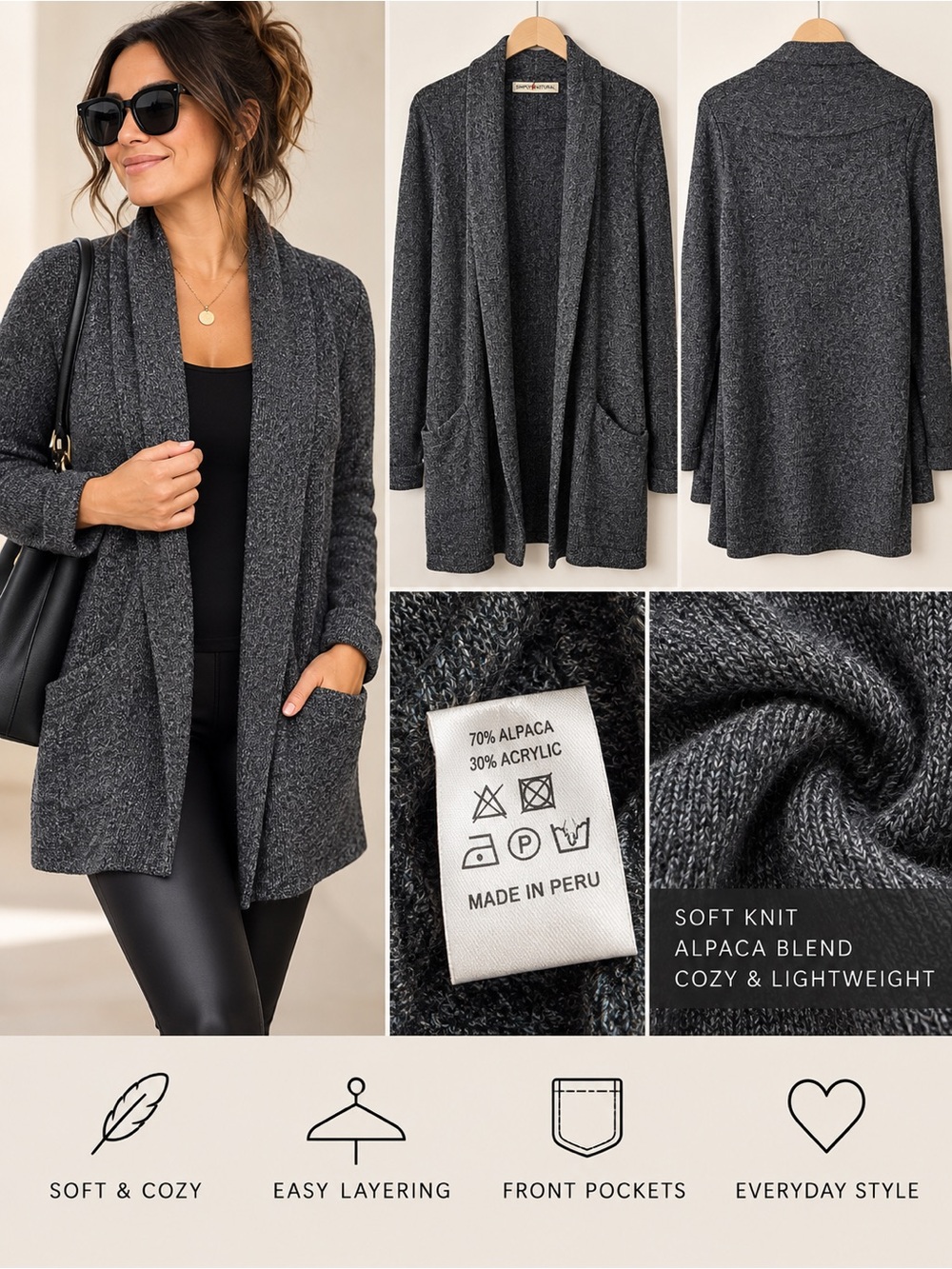 Simply Natural Cozy Open-Front Alpaca Blend Cardigan Sweater Charcoal Gray OSFM